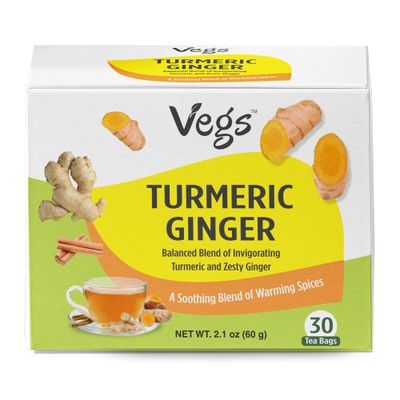 Vegs Turmeric Ginger Tea Bags - Organic Turmeric &amp; Ginger Herbal Tea with Cinnamon Bark, Cardamom - Support Balanced Mood, Aids Digestion, Improves Skin Health - No Caffeine - 30 Tea Bags