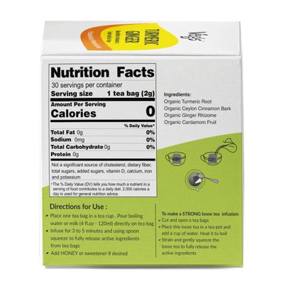 Vegs Turmeric Ginger Tea Bags - Organic Turmeric &amp; Ginger Herbal Tea with Cinnamon Bark, Cardamom - Support Balanced Mood, Aids Digestion, Improves Skin Health - No Caffeine - 30 Tea Bags