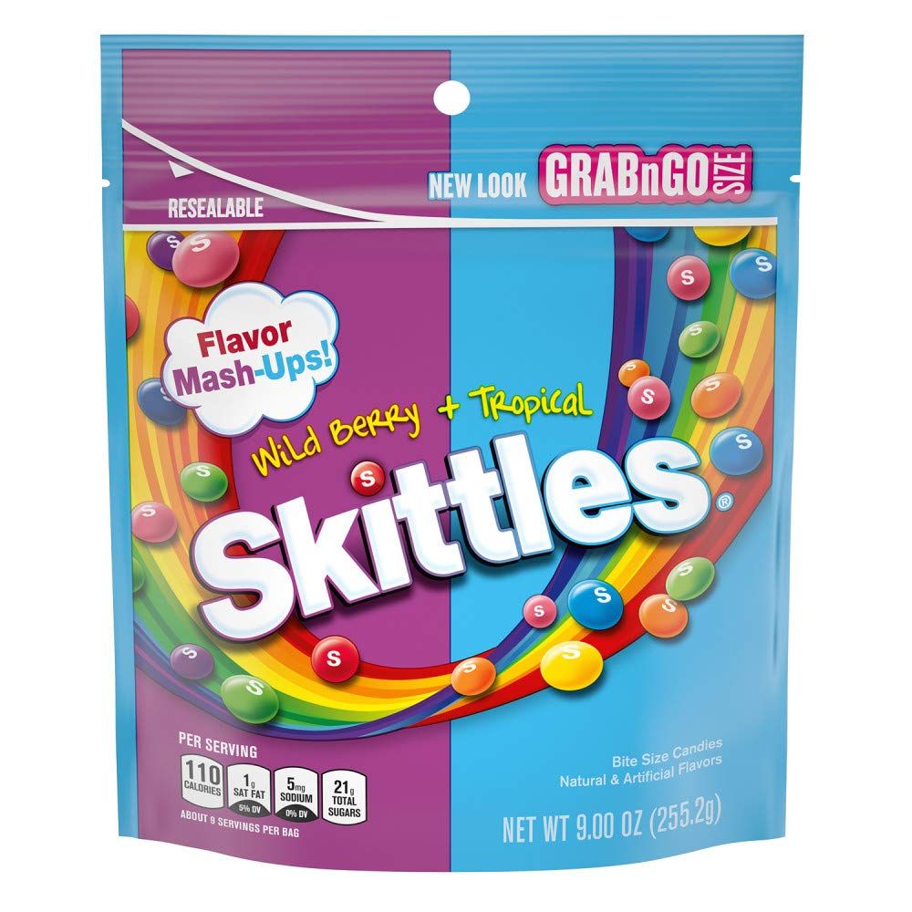 SKITTLES Wild Berry &amp; Tropical Mash Up Summer Chewy Candy, Grab N Go, 9 Oz Resealable Bag ( 8 Count )