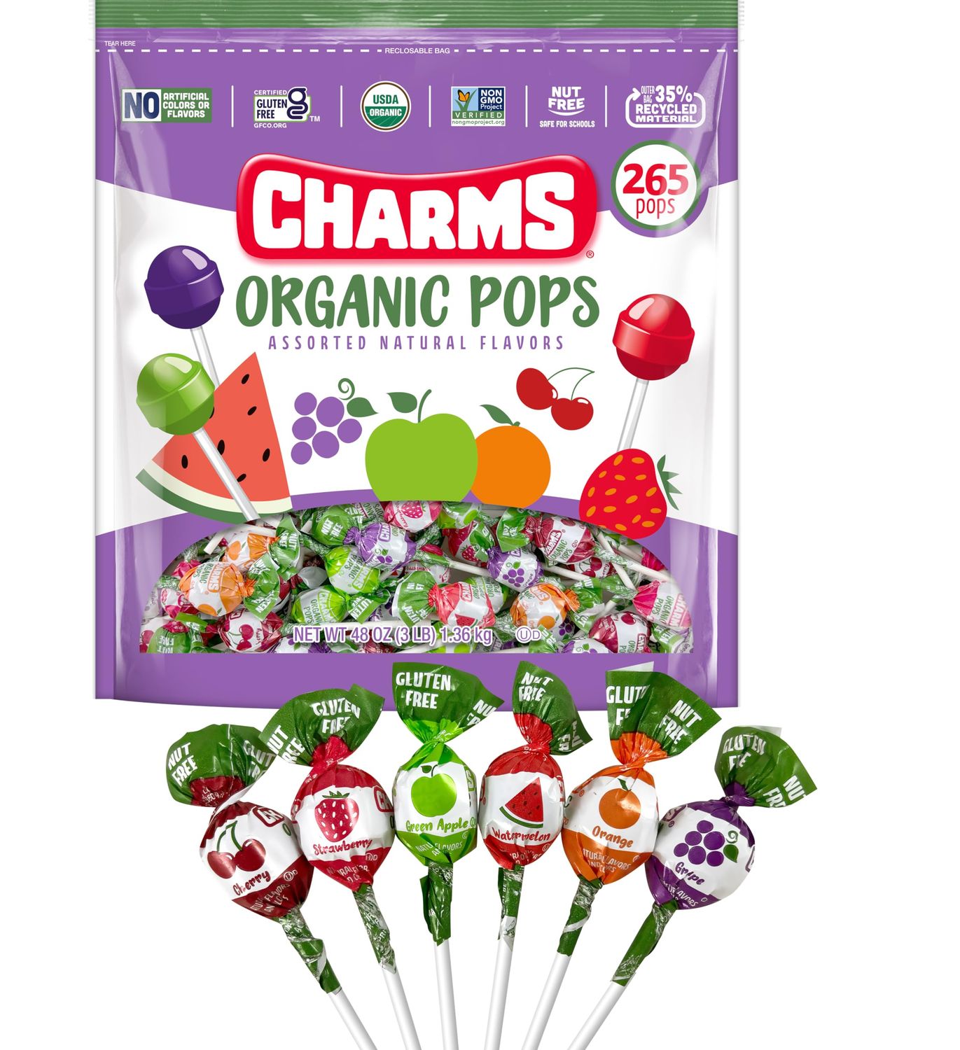 Charms Organic Pops (265 Count) - USDA Organic Fruit Candy Lollipops Made with All Natural Flavors and Ingredients - Dye-Free, Gluten- Free, Non-GMO, 3 lb Resealable Bag