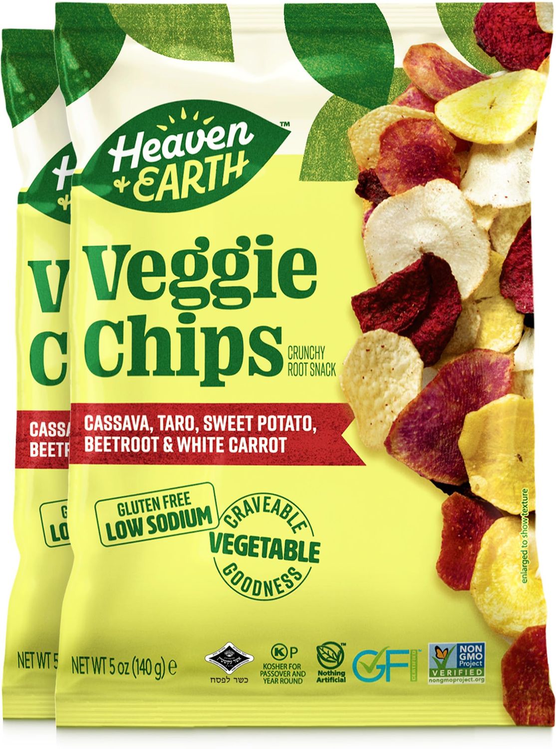 Heaven &amp; Earth Veggie Chips, Vegetable Medley chips, 5oz (2 Pack) Gluten Free | Non GMO | Low Sodium | Thin &amp; Crisp Root Snack Blend of: Cassava, Taro, Sweet Potato, Beetroot &amp; white Potato | Kosher