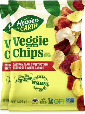Heaven &amp; Earth Veggie Chips, Vegetable Medley chips, 5oz (2 Pack) Gluten Free | Non GMO | Low Sodium | Thin &amp; Crisp Root Snack Blend of: Cassava, Taro, Sweet Potato, Beetroot &amp; white Potato | Kosher