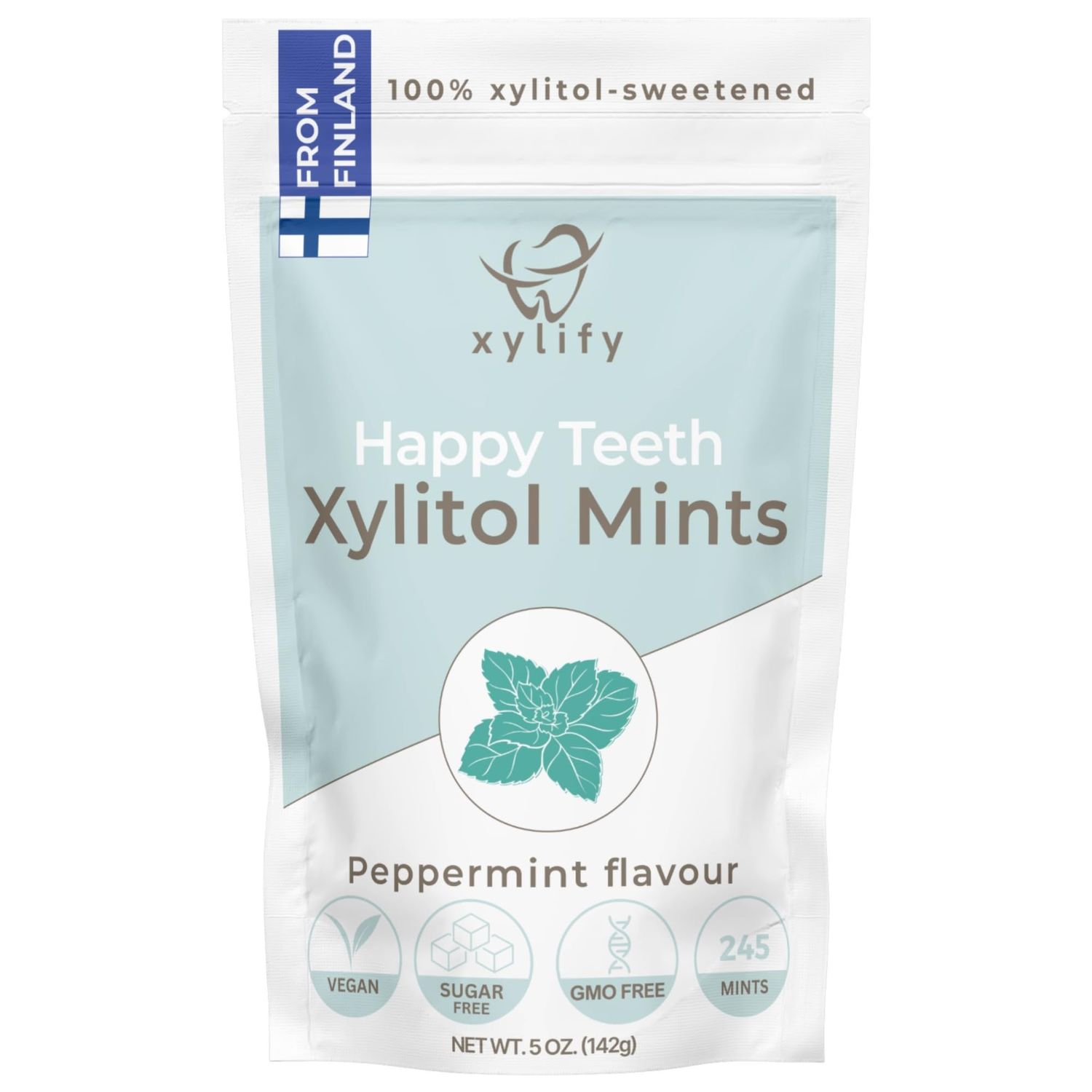 Xylitol Mints for Oral Care - Peppermint flavor, 100% Xylitol sweetened, Sugar Free Candy, Happy Teeth dental mints from Finland, 5oz - 245 mints