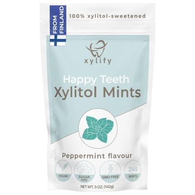Xylitol Mints for Oral Care - Peppermint flavor, 100% Xylitol sweetened, Sugar Free Candy, Happy Teeth dental mints from Finland, 5oz - 245 mints