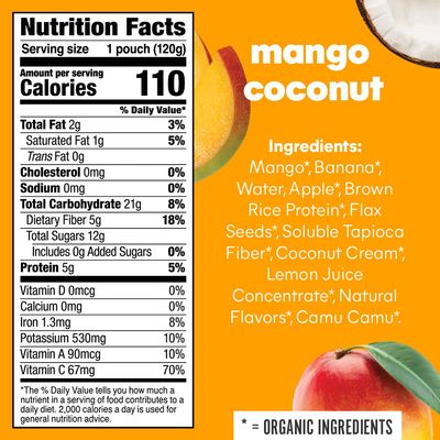 Noka Superfood Smoothie Pouches (Mango Coconut) 4 Pack, with Plant Protein, Prebiotic Fiber & Flax Seed, Organic, Gluten Free, Vegan, Healthy Fruit Squeeze Snack Pack, 4.22oz Ea