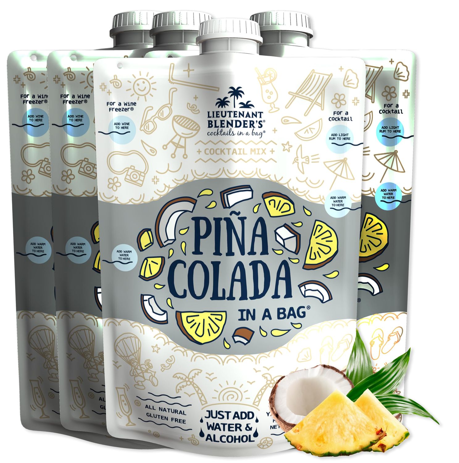 Lt. Blender&#39;s Pina Colada in a Bag - Pina Colada Drink Mix - Each Bag Makes 1/2 Gallon of Slushie Pina Colada Mix - Cocktail Mix - Make a Cocktail, Wine Slushie or Mocktail - (Pack of 4)