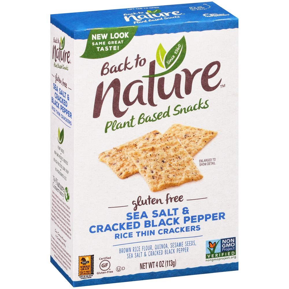 Back to Nature Gluten Free Crackers, Sea Salt &amp; Cracked Black Pepper Rice Thins - Dairy Free, Non-GMO, Made with Whole Grain Brown Rice Flour, Delicious &amp; Quality Snacks, 4 Ounce