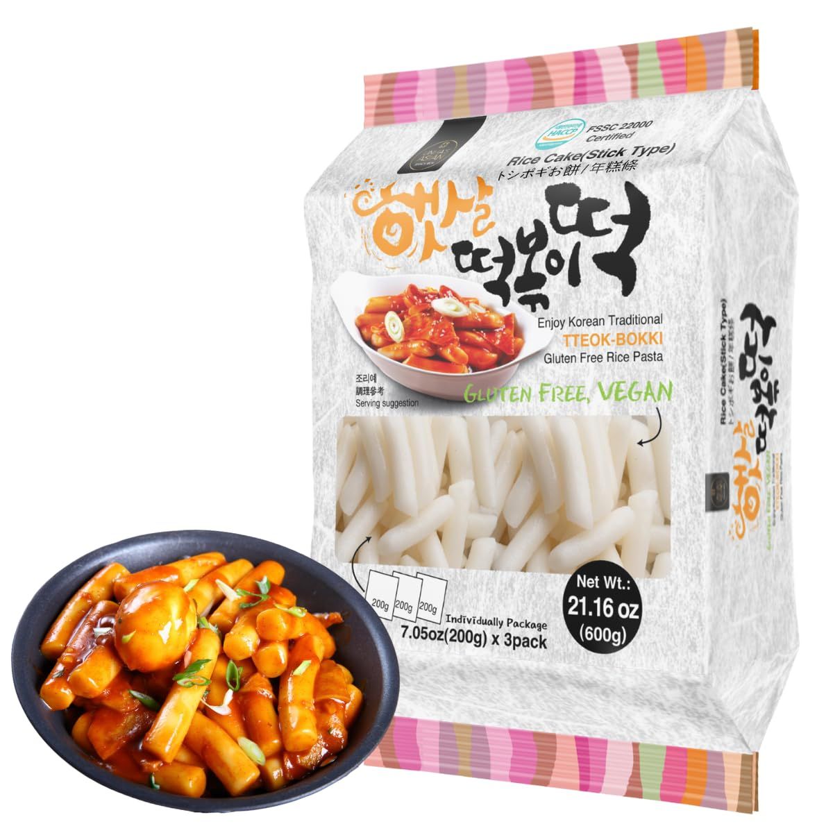 Korean Rice Cake Tteokbokki Stick - 1 Pack (3 Individual Package X 1 Pack) Vegan, Non-GMO, Gluten Free, Tteok Rice Cakes Food Pasta 21.16 oz Per Pack