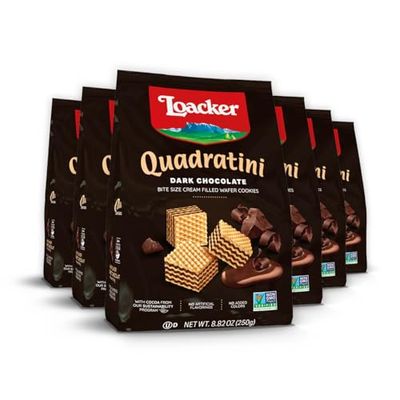 Loacker Quadratini Dark Chocolate Wafer Cookies LARGE - 30% Less Sugar - Premium Crispy Bite Size Wafers - NON-GMO - LARGE Pack of 6