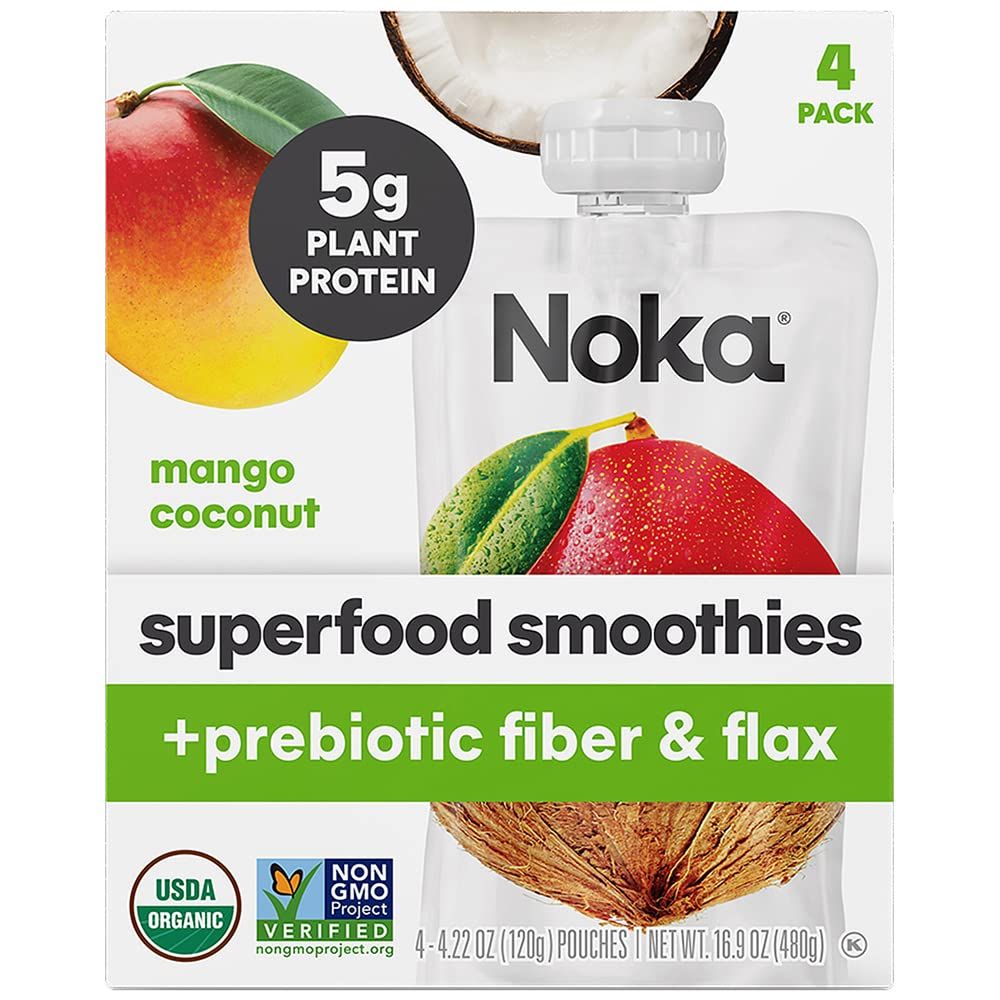 Noka Superfood Smoothie Pouches (Mango Coconut) 4 Pack, with Plant Protein, Prebiotic Fiber &amp; Flax Seed, Organic, Gluten Free, Vegan, Healthy Fruit Squeeze Snack Pack, 4.22oz Ea