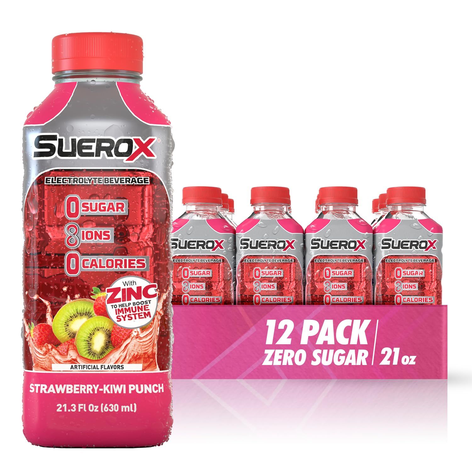 SueroX Zero Sugar Electrolyte Drink for Hydration and Recovery, Unique Blend of Electrolytes &amp; 8 Ions, Zero Calorie Sports Drink, 21.3 Fl Oz, Strawberry-Kiwi Punch, 12 Count