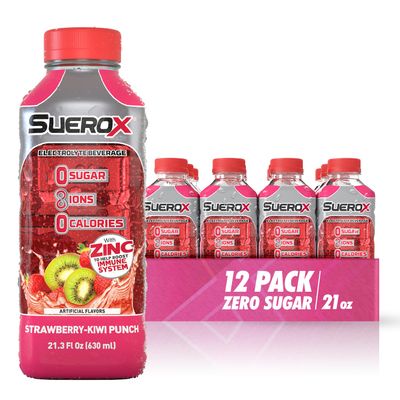 SueroX Zero Sugar Electrolyte Drink for Hydration and Recovery, Unique Blend of Electrolytes &amp; 8 Ions, Zero Calorie Sports Drink, 21.3 Fl Oz, Strawberry-Kiwi Punch, 12 Count