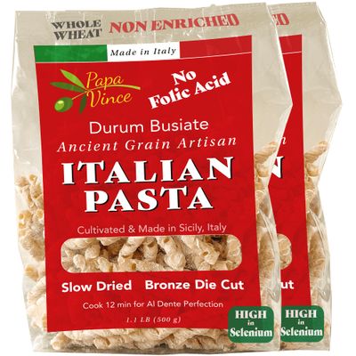 Papa Vince Non Enriched Pasta - good whole wheat busiate pasta, made in Italy from ancient grains cultivated in Sicily, Italy. Slow Dried. Bronze Die Cut. Delightful Al dente texture. No funny taste