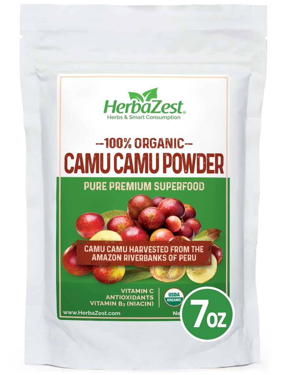 HerbaZest Camu Camu Powder (7oz) - USDA Certified Organic - Vegan, Non-GMO &amp; Gluten Free - Nutrient Rich, Best Source of Vitamin C &amp; Perfect for Smoothies, Juices &amp; More
