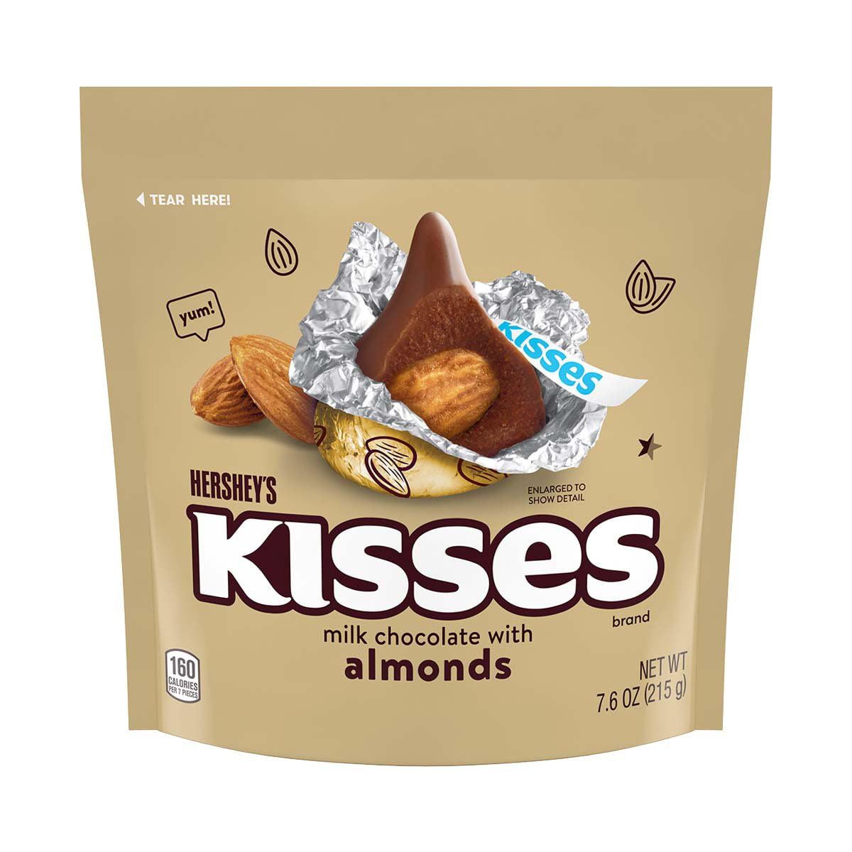 Milk Chocolate Kiss With Almonds Candy, Individually Wrapped, In Gold Foil Gluten Free, (7.6 oz) Bag