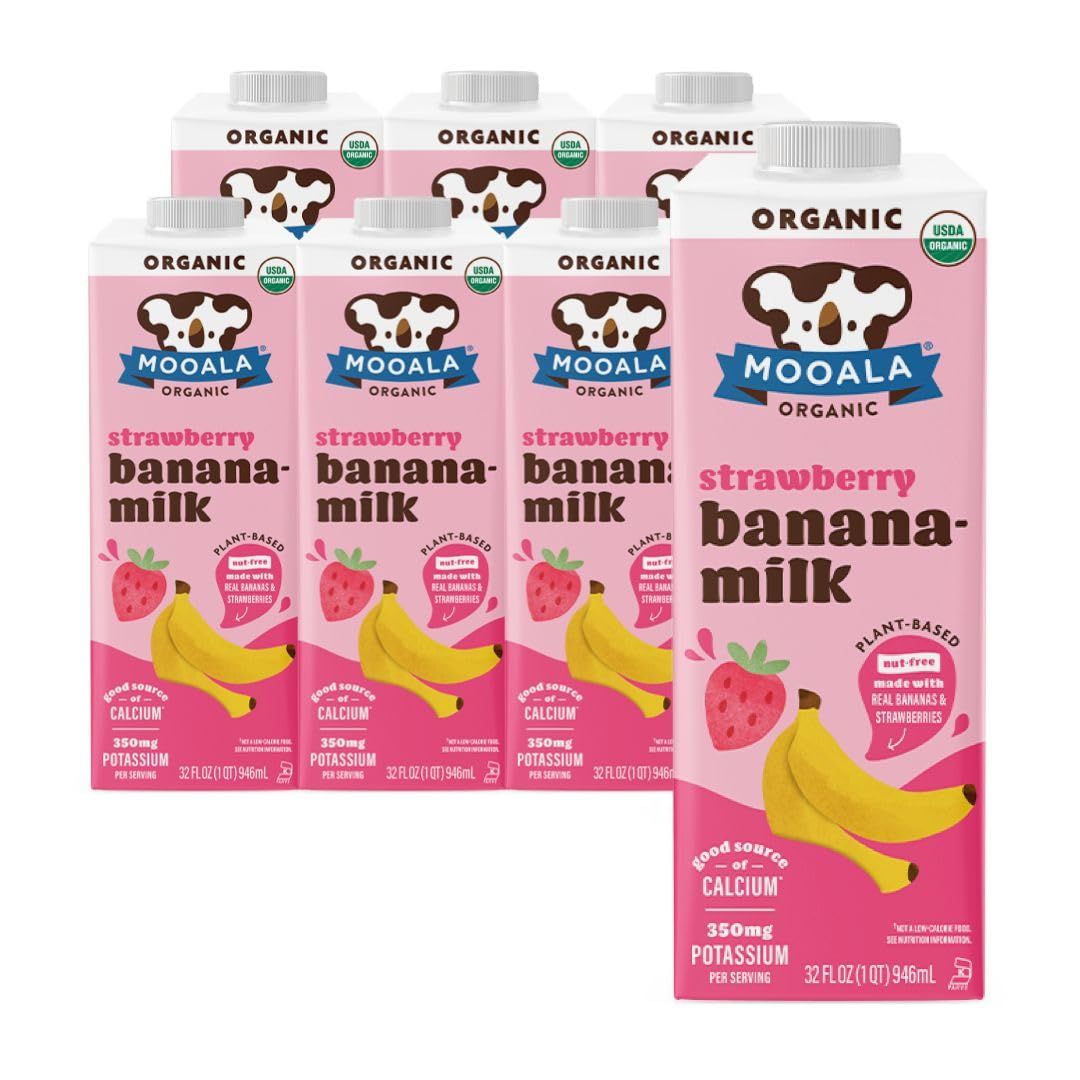 Mooala - Organic Strawberry Bananamilk, 32 fl oz (Pack of 6) - Shelf-Stable, Non-Dairy, Nut-Free, Gluten-Free, Plant-Based Beverage with No Added Sugar