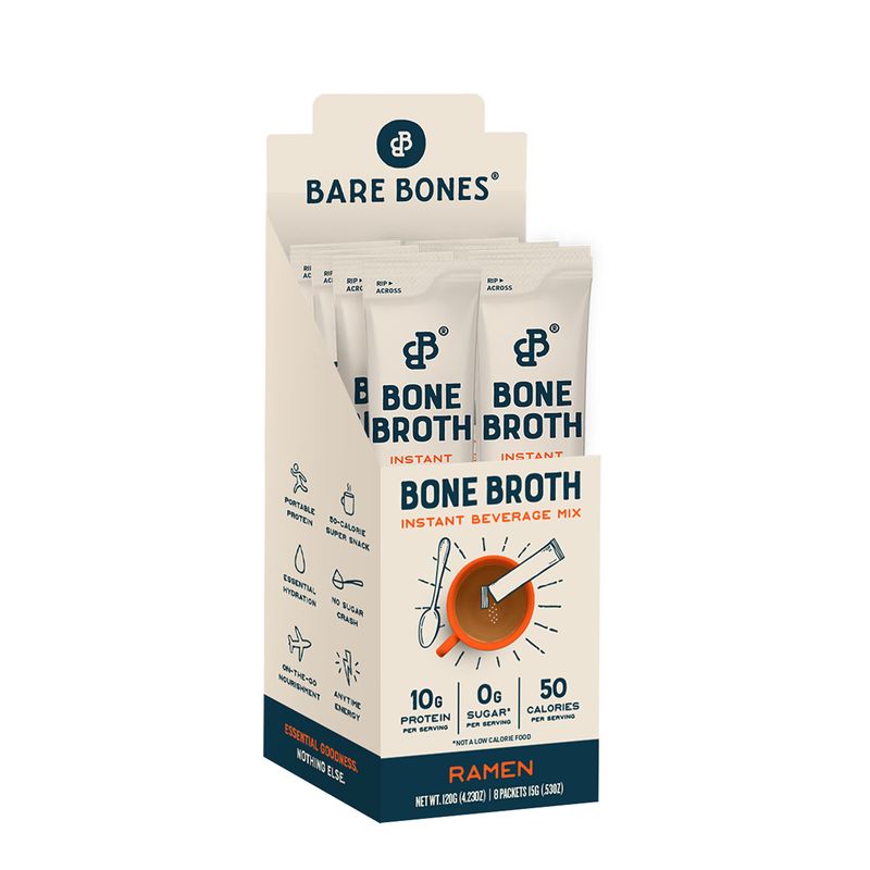 Bare Bones Bone Broth Instant Powdered Beverage Mix, Ramen, Pack of 8, 15g Sticks, 10g Protein, Keto &amp; Paleo Friendly, Non-GMO, Gluten-Free, Dairy-Free