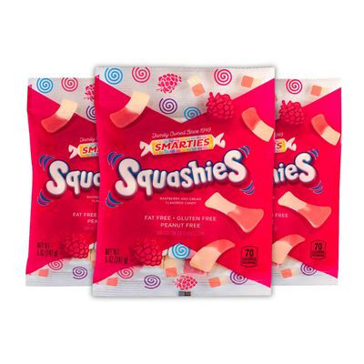 Smarties Squashies Foam Marshmallows Gummies Candy Gluten Free Gummy Candy Bulk Peanut Free Perfect for Birthday &amp; Halloween Party Favors &amp; Raspberries Flavored 5 oz Candy Bags (Pack of 3)