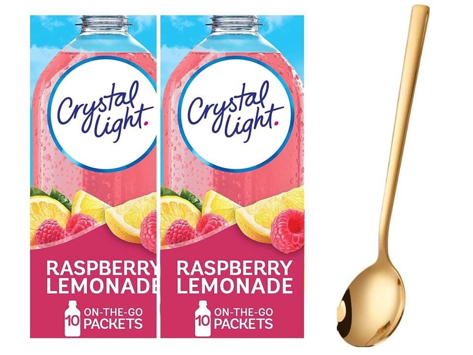 Crystal Light On The Go Drink Mix - Two (2) Pack of 10pck - Sugar-Free, Low-Calorie Refreshment with one Sukkar Pasha Long Golden SS Stirring Spoon (Raspberry Lemonade)