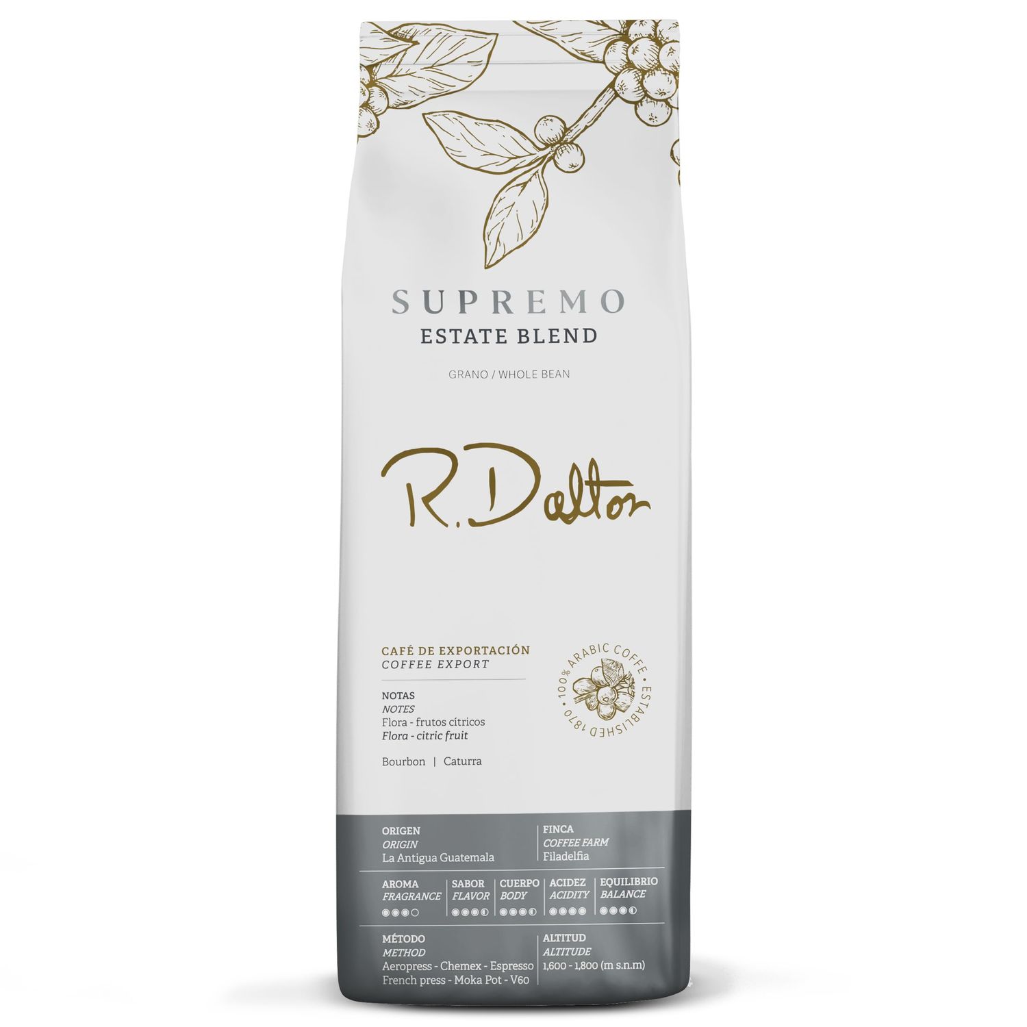 R. Dalton Coffee Supremo Estate Blend Whole Bean Coffee - Medium Roast - Flora And Citric Fruit Notes - All Brewing Methods - Premium Quality - From Antigua Guatemala - 100% Arabica - 12 oz