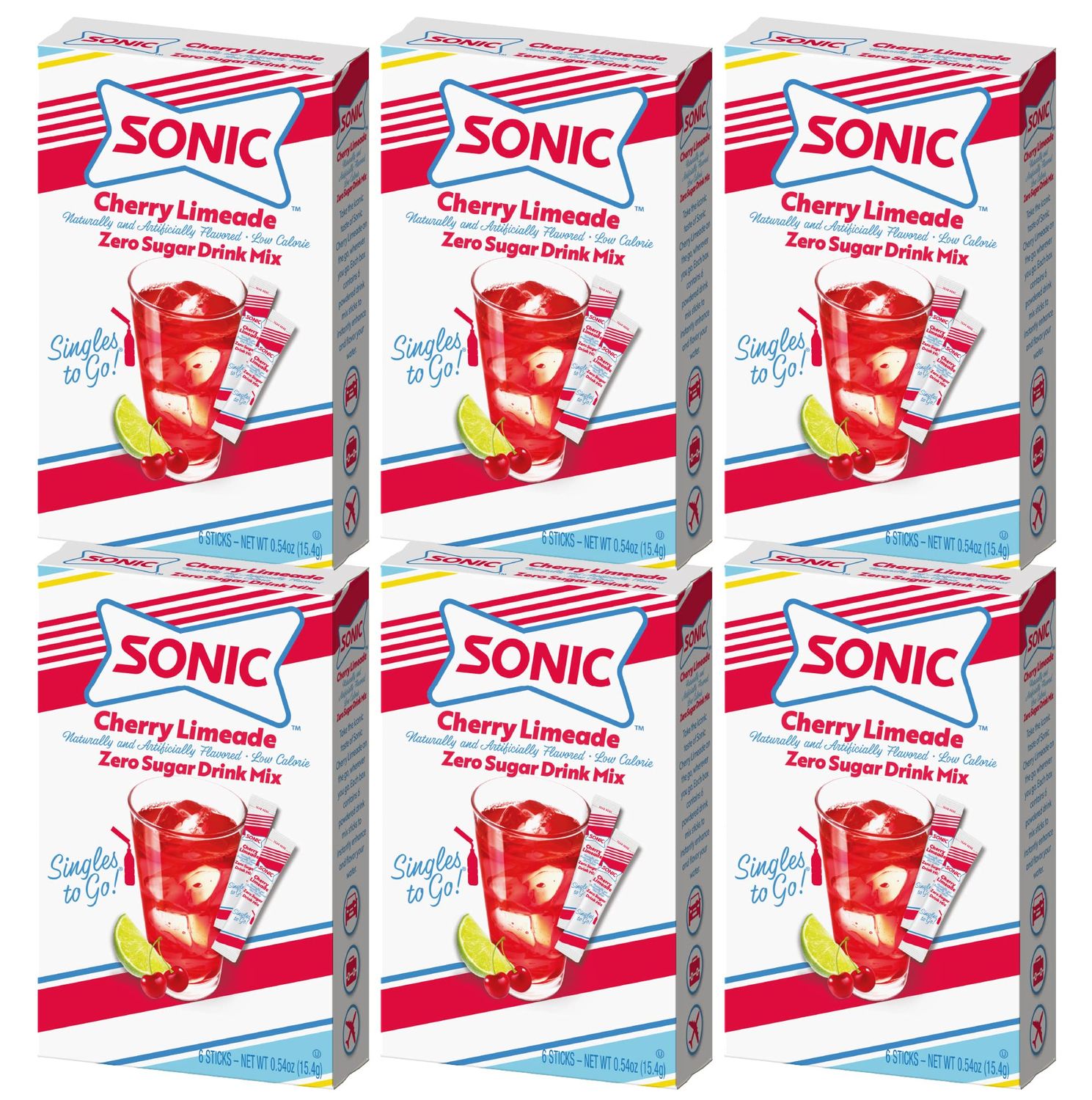 Sonic SINGLES TO GO! Sonic Singles to Go Powdered Drink Mix, Cherry Limeade, 6 Sticks per Box,(Pack of 6)