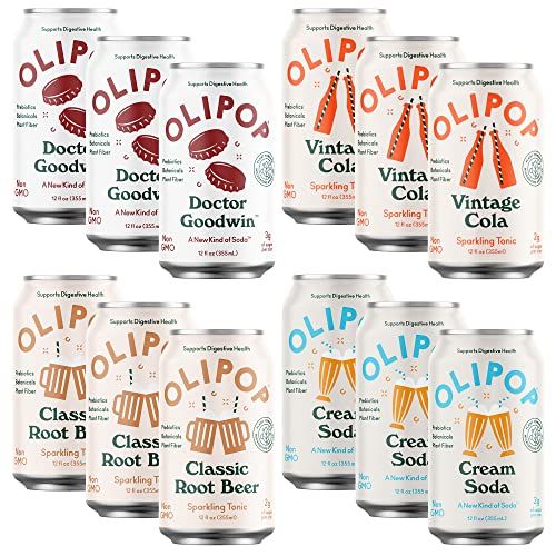 OLIPOP - 4-Flavor Sparkling Tonic Retro Greatest Hits Variety Pack, Prebiotic Soda Sampler, Rich in Botanicals,High Fiber, Vegan, Low-Sugar, Low-Calorie, Non-GMO (12oz, 12-Pack)