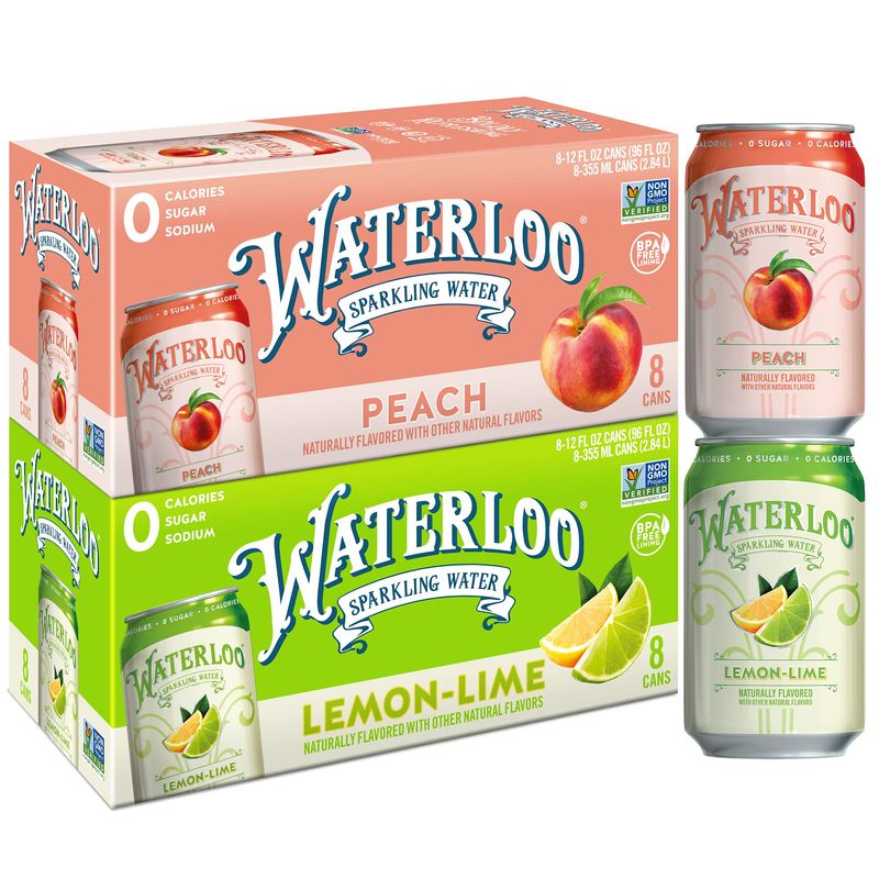 Waterloo Sparkling Water Two Flavor Pack, Zero Calories/Sugar/Artificial Sweeteners/Sodium, Lemon-Lime/Peach, 192 Fl Oz, Pack of 16