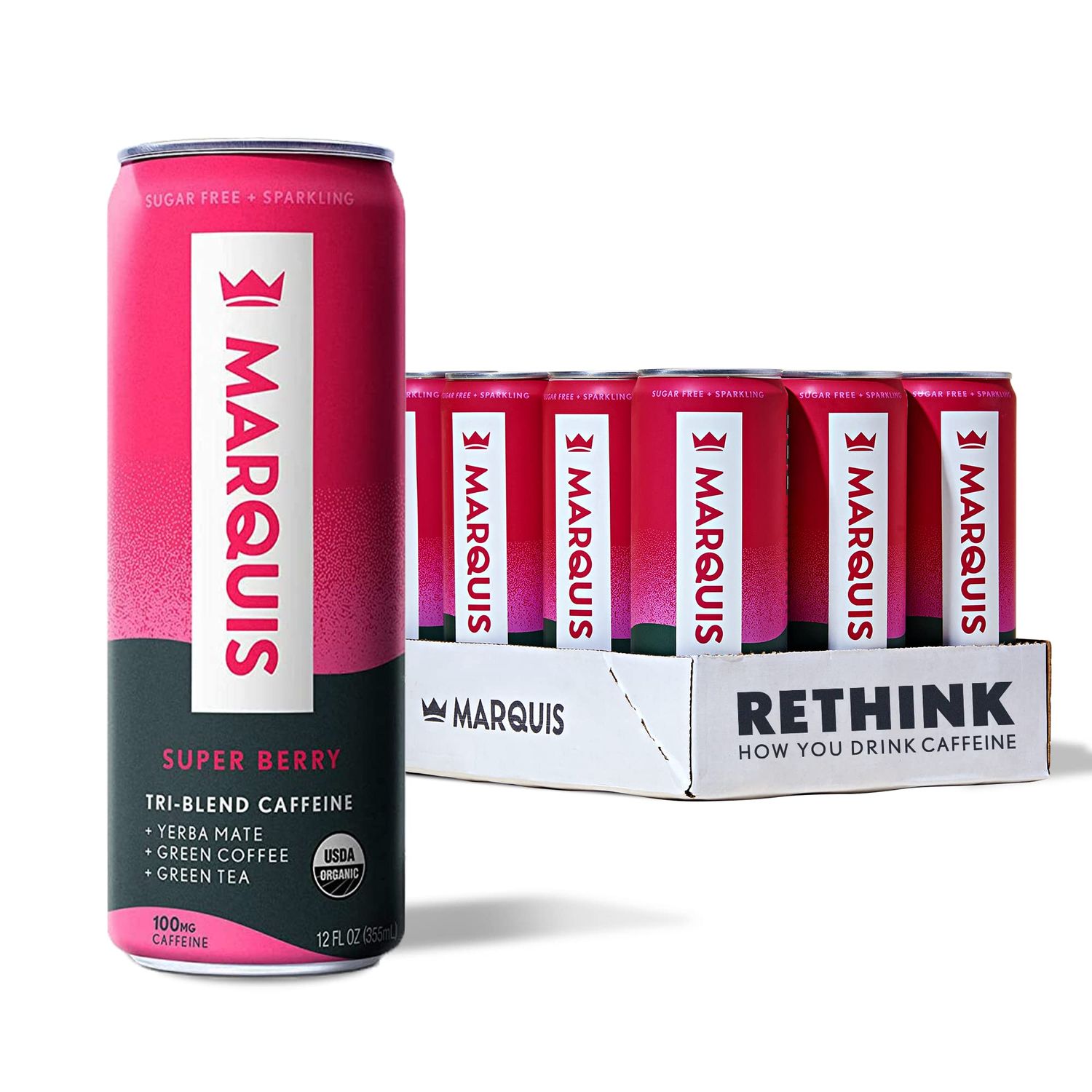 Marquis - Natural Energy Drink - Super Berry - Sugar Free - 0 Calories - 100mg of Organic Plant Based Caffeine - Yerba Mate - Green Tea - Vitamin C &amp; B Vitamins - Vegan - 12 oz Cans - 12 Pack