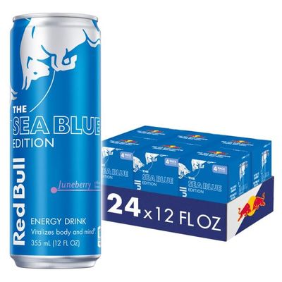 Red Bull Sea Blue Edition Energy Drink, Juneberry, with 114mg Caffeine plus Taurine &amp; B Vitamins, 12 Fl Oz, Pack of 24 Cans (6 Packs of 4)