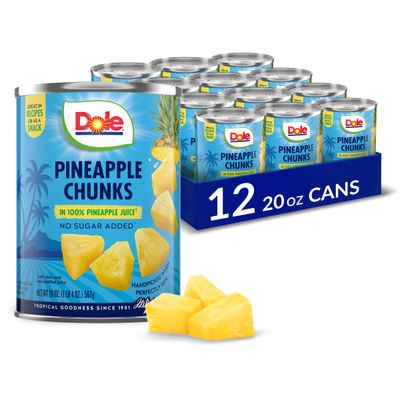 Dole Canned Fruit, Pineapple Chunks in 100% Pineapple Juice, Gluten Free, Pantry Staples, 20 Oz, 12 Count, Packaging May Vary