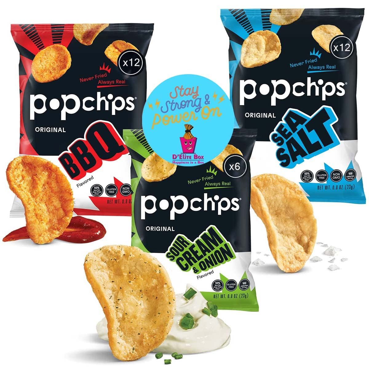 Popchips Potato Chips Variety Pack, Single Serve 0.8 Ounce Bags - 3 Flavors: 12 Sea Salt, 12 BBQ, 6 Sour Cream &amp; Onion - Pack of 30