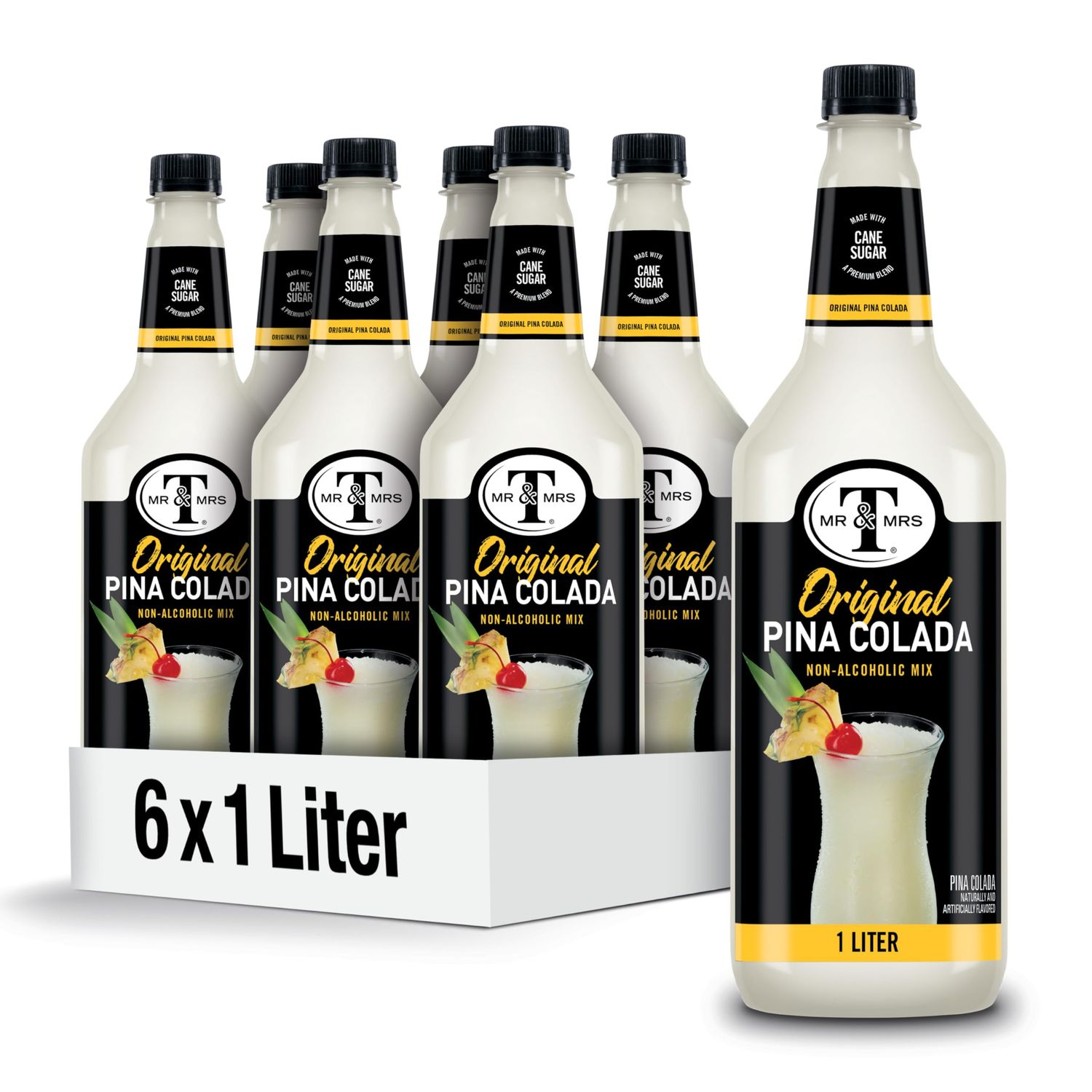 Mr &amp; Mrs T Pina Colada Mix, 1 L bottle (Pack of 6), Pineapple and Coconut Blend Flavored Cocktail Mixer, Made with Cane Sugar, Perfect for Traditional Pina Colada and Mocktail Drinks