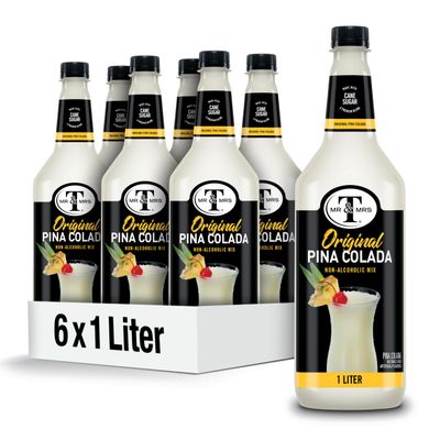 Mr &amp; Mrs T Pina Colada Mix, 1 L bottle (Pack of 6), Pineapple and Coconut Blend Flavored Cocktail Mixer, Made with Cane Sugar, Perfect for Traditional Pina Colada and Mocktail Drinks