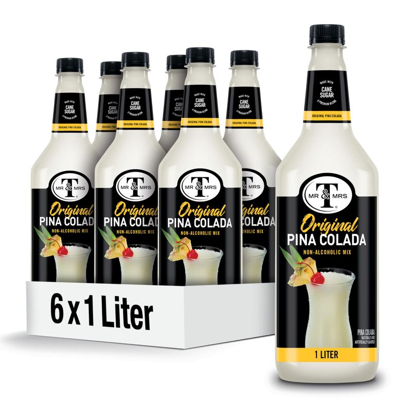Mr &amp; Mrs T Pina Colada Mix, 1 L bottle (Pack of 6), Pineapple and Coconut Blend Flavored Cocktail Mixer, Made with Cane Sugar, Perfect for Traditional Pina Colada and Mocktail Drinks