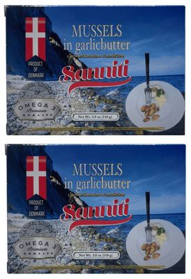 Sanniti Mussels in Garlic Butter | Natural Source of Omega 3 | Just Heat and Serve, 3.9 oz (Pack of 2)