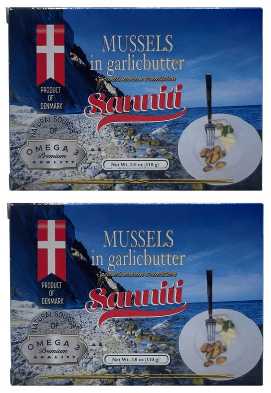 Sanniti Mussels in Garlic Butter | Natural Source of Omega 3 | Just Heat and Serve, 3.9 oz (Pack of 2)