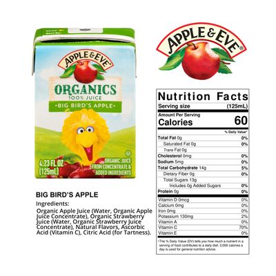 Apple &amp; Eve Sesame Street Organics, Big Bird's Apple Juice, 4.23 Fluid oz, 40 count