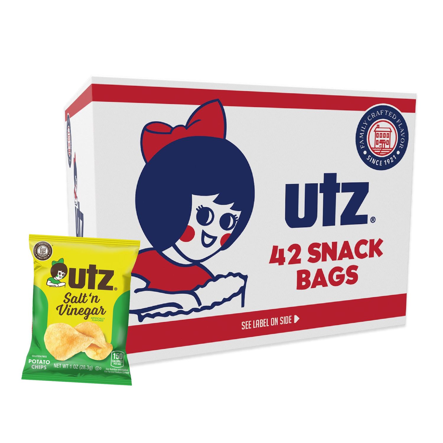 Utz Salt &amp; Vinegar 1 oz. Bags, 42 Count Crispy Fresh Potato Chips, Crunchy Individual Snacks to Go, Cholesterol, Trans-Fat &amp; Gluten Free