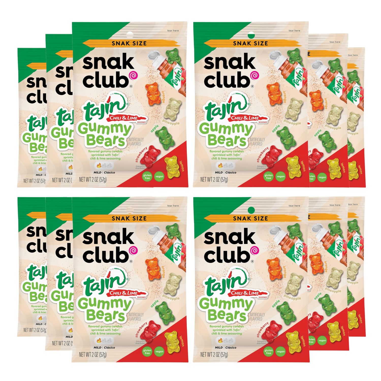 Snak Club Tajin Gummy Bears, Assorted Fruit Candy Gummies with Chili and Lime Seasoning, Mild, Gluten-Free and Vegan Snacks, 2 oz Snack Bags, 12 Pack