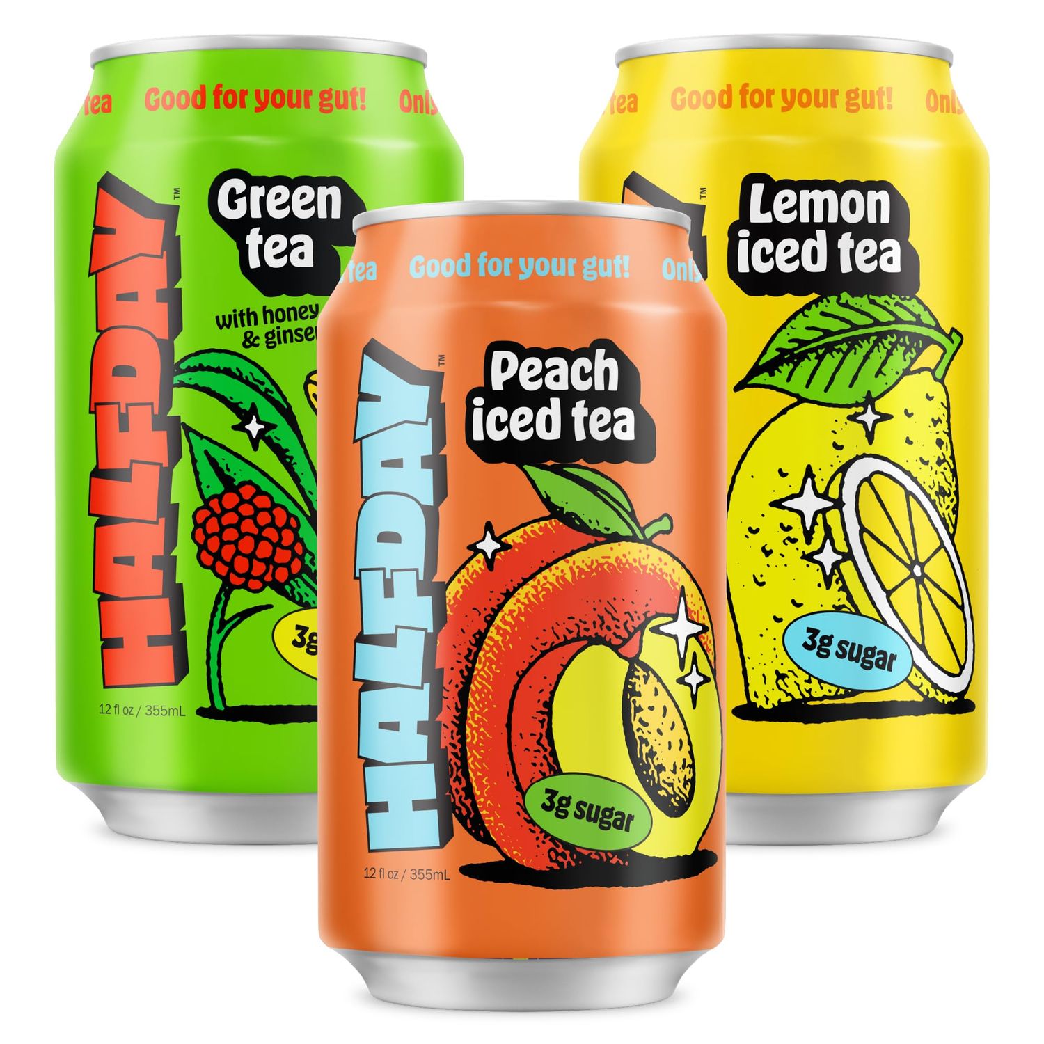 HALFDAY Prebiotic Iced Tea Cans, Variety 12 Pack, Supports Digestive Health &amp; Gut Health, 8g Plant Fiber &amp; Prebiotics, Gluten Free, Paleo, Low Calorie, Low Sugar, Organic Lemon, Peach &amp; Green Tea