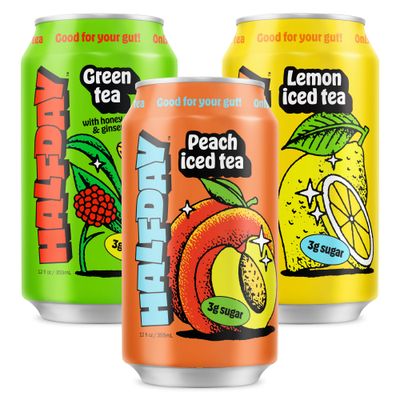HALFDAY Prebiotic Iced Tea Cans, Variety 12 Pack, Supports Digestive Health &amp; Gut Health, 8g Plant Fiber &amp; Prebiotics, Gluten Free, Paleo, Low Calorie, Low Sugar, Organic Lemon, Peach &amp; Green Tea