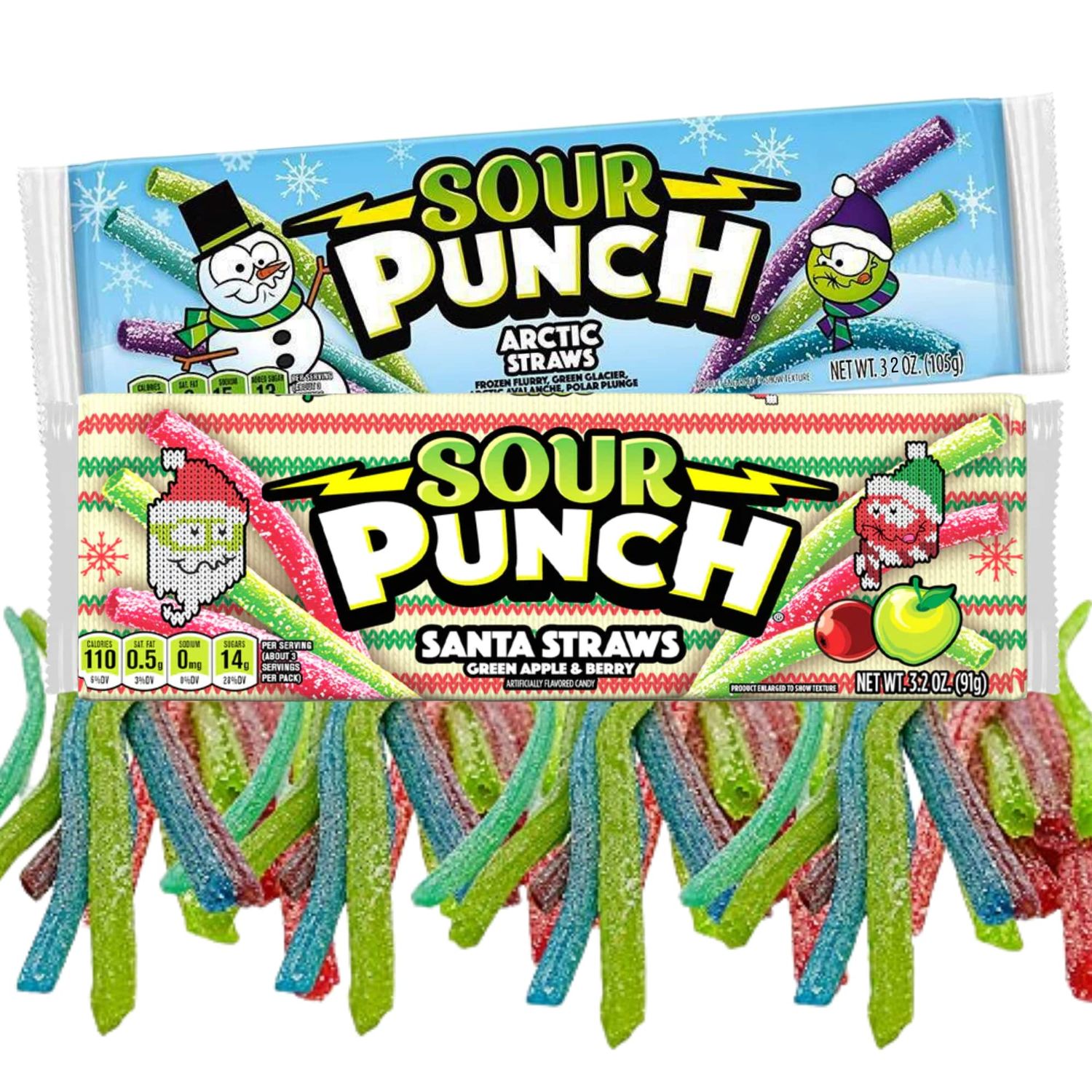 Needzo Arctic and Santa Straws Sour Candy, Assorted Flavored Blue, Green, Red and Purple Winter Themed Assorted Fruit Flavored Candies for Christmas Candy Dish, Pack of 2