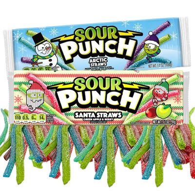 Needzo Arctic and Santa Straws Sour Candy, Assorted Flavored Blue, Green, Red and Purple Winter Themed Assorted Fruit Flavored Candies for Christmas Candy Dish, Pack of 2