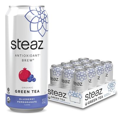 Steaz - Organic Green Tea - Blueberry Pomegranate (12 Pack) - Antioxidant Brew - 65mg Natural Caffeine, 90 Calories, Vitamin C - Cane Sugar Sweetened Iced Tea - Vegan - 12 Cans, 16 fl oz (473mL)
