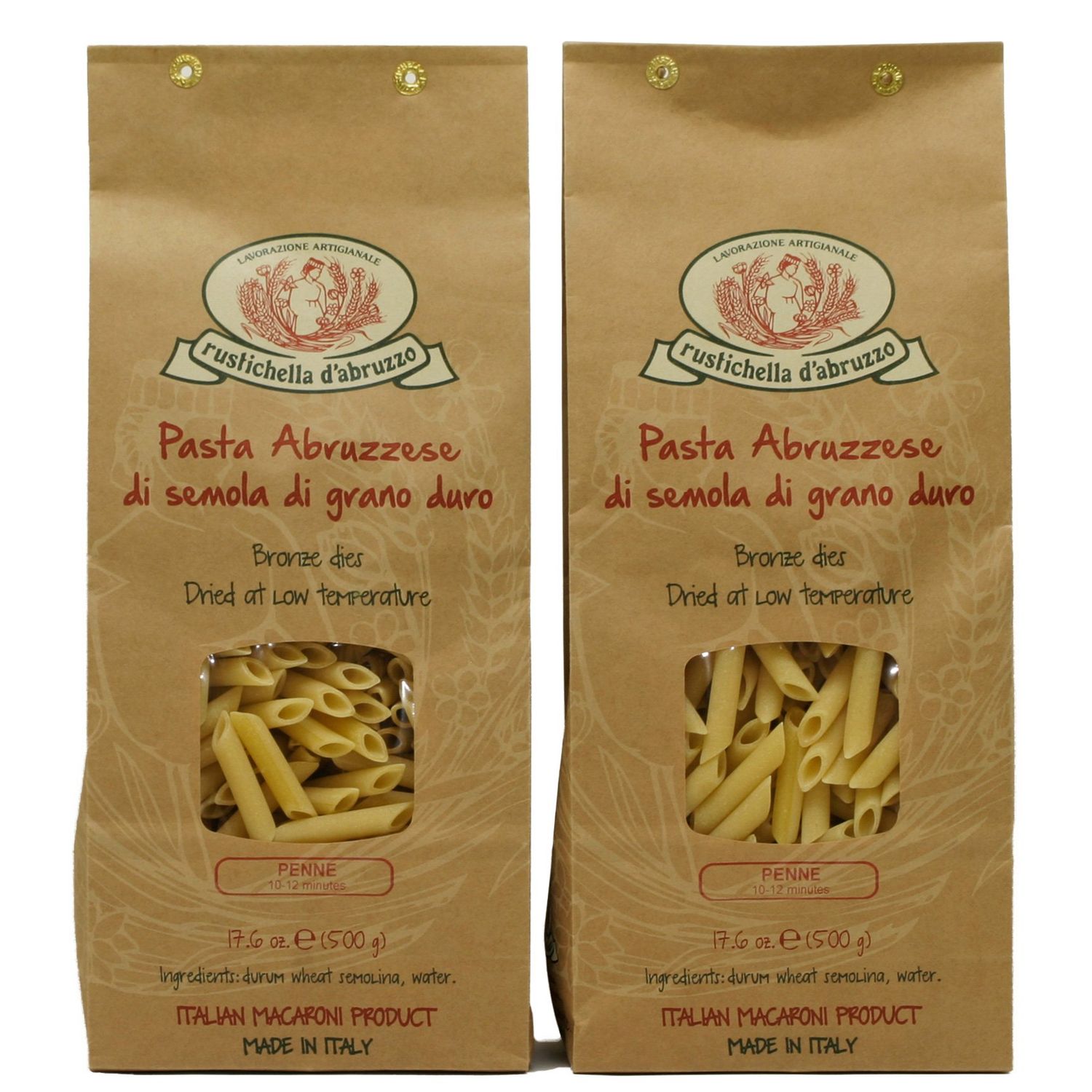 Rustichella d&#39;Abruzzo Penne Pasta (Pack of 2), 500g Each - Classic Durum Wheat Short Quill-Shaped Pasta - Perfect for Sauces and Baked Dishes - Cooks in 10-12 Minutes - Authentic Italian Pasta