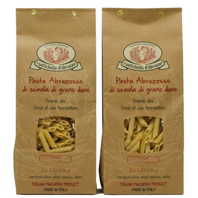 Rustichella d&#39;Abruzzo Penne Pasta (Pack of 2), 500g Each - Classic Durum Wheat Short Quill-Shaped Pasta - Perfect for Sauces and Baked Dishes - Cooks in 10-12 Minutes - Authentic Italian Pasta