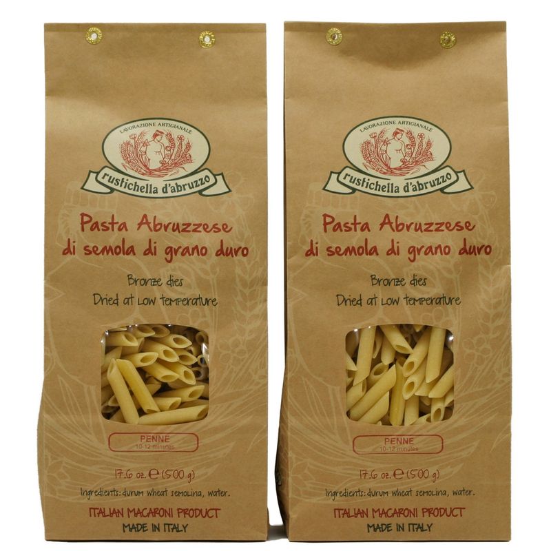 Rustichella d&#39;Abruzzo Penne Pasta (Pack of 2), 500g Each - Classic Durum Wheat Short Quill-Shaped Pasta - Perfect for Sauces and Baked Dishes - Cooks in 10-12 Minutes - Authentic Italian Pasta