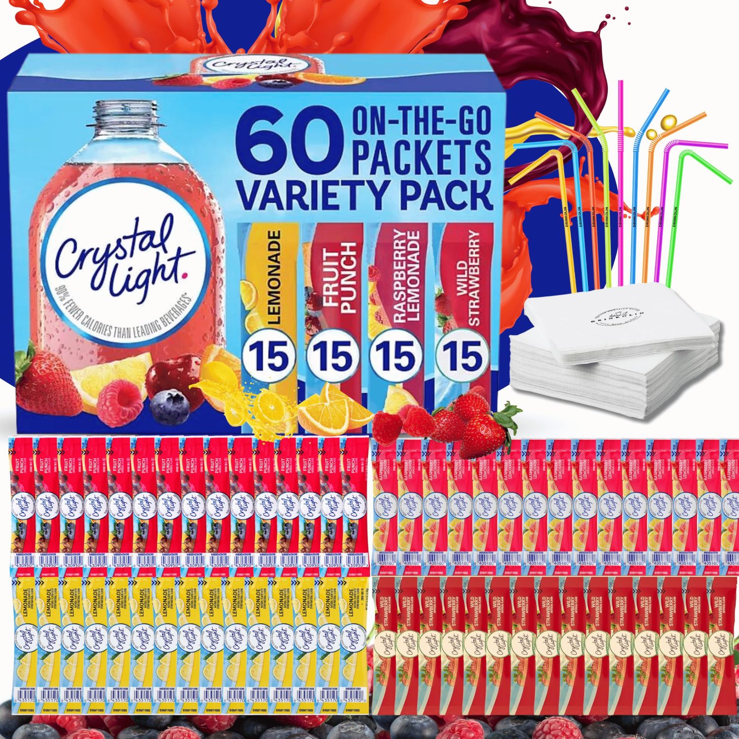 Crystal Light Packets Variety Pack 60 Flavored Drink Mix Packets. Fruit Punch, Raspberry Lemonade and Wild Strawberry Packets Sugar-Free Powdered Drink Mix with Drinkolin Straws - Fits 16.9 oz Bottles