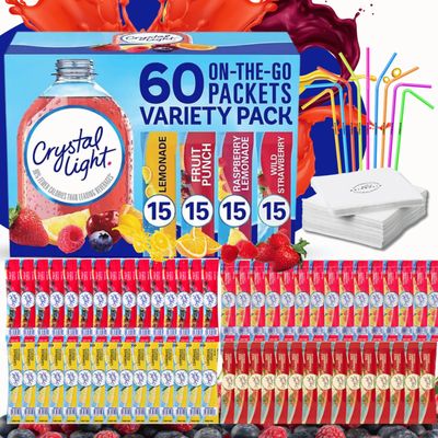 Crystal Light Packets Variety Pack 60 Flavored Drink Mix Packets. Fruit Punch, Raspberry Lemonade and Wild Strawberry Packets Sugar-Free Powdered Drink Mix with Drinkolin Straws - Fits 16.9 oz Bottles
