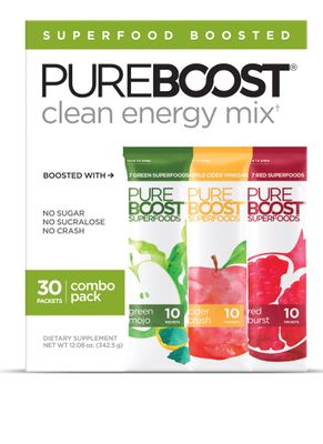 Pureboost Superfoods Clean Energy Booster, Refreshing Energy Drink Mix with Apple Cider Vinegar, 7 Organic Red or Green Superfoods. Sugar-Free Energy. No Sucralose (Combo Pack, 30 Count)